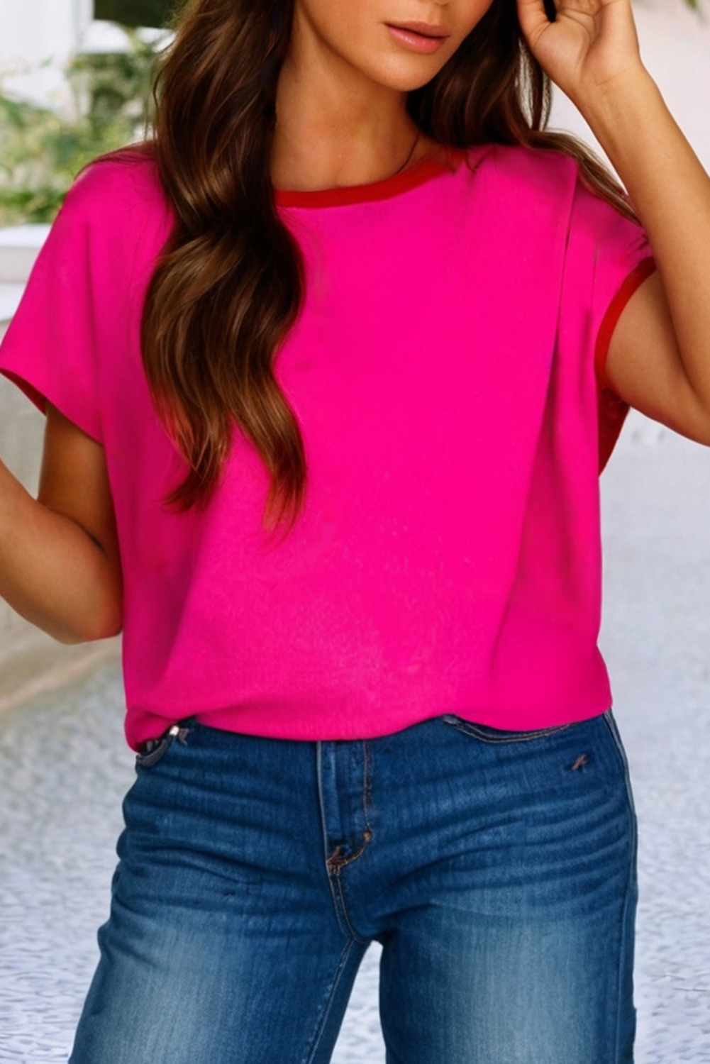 Contrast Trim Round Neck Short Sleeve Loose Knit Sweater