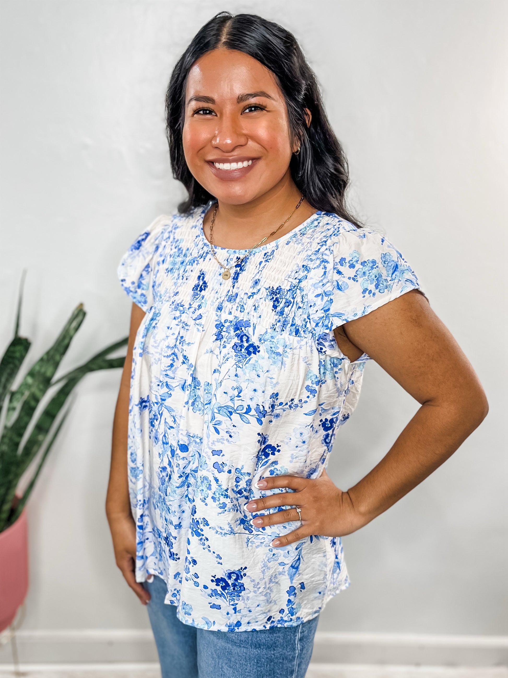 Blue Floral Babydoll Blouse