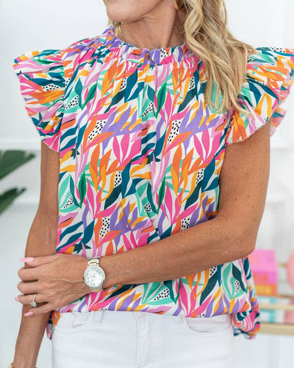 Tropics Print Ruffled Flutter Sleeve Blouse