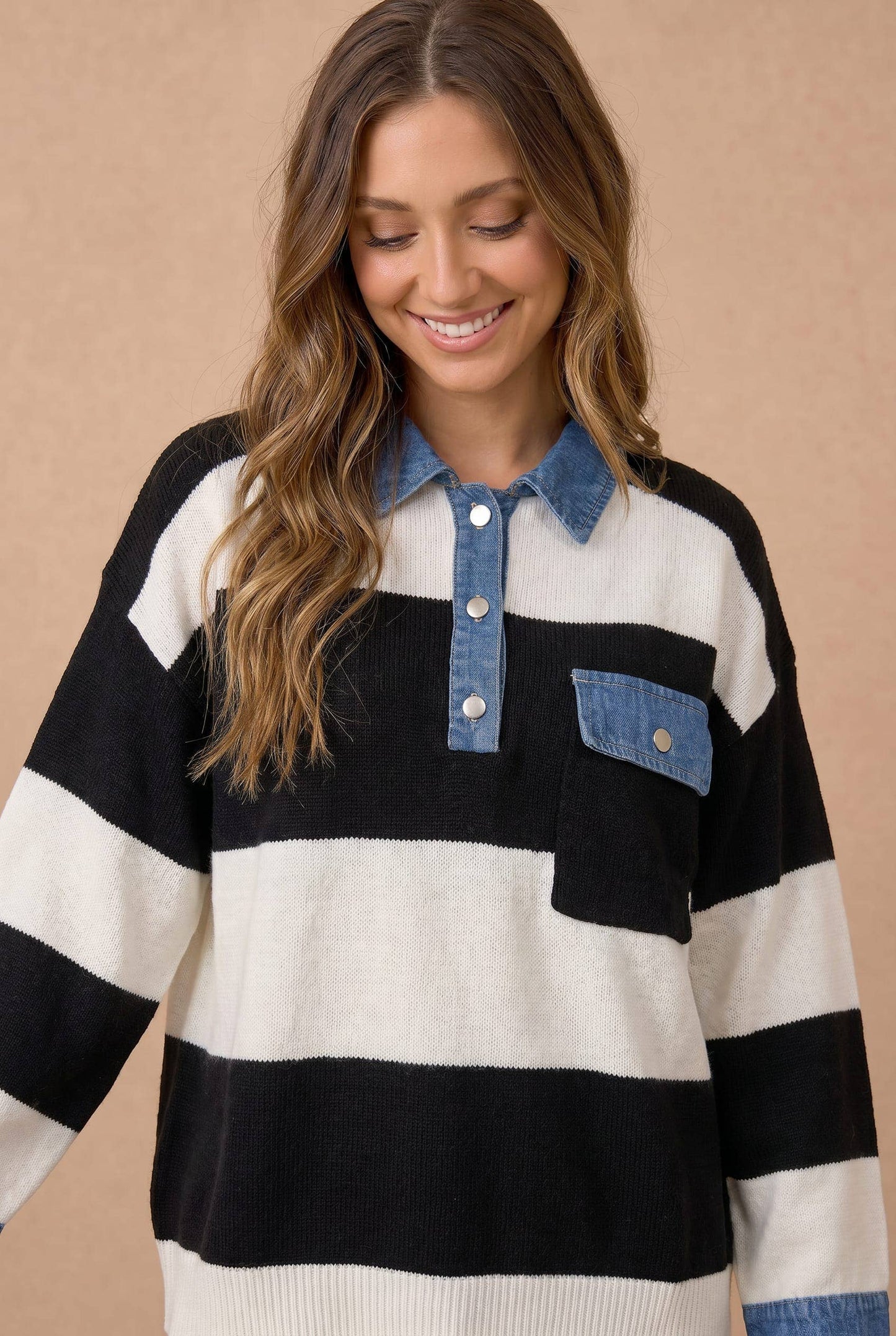 Plus Striped Denim Collar Sweater Knit Top