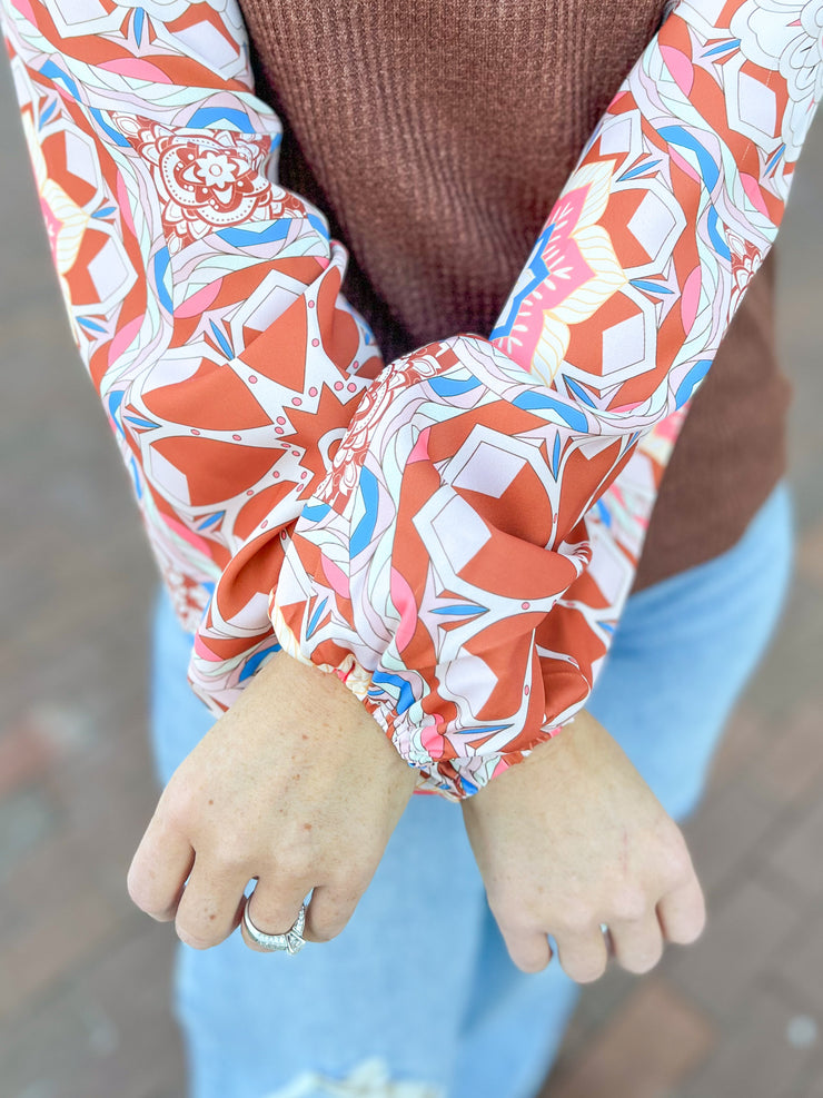 Brown Medallion Balloon Sleeve Top