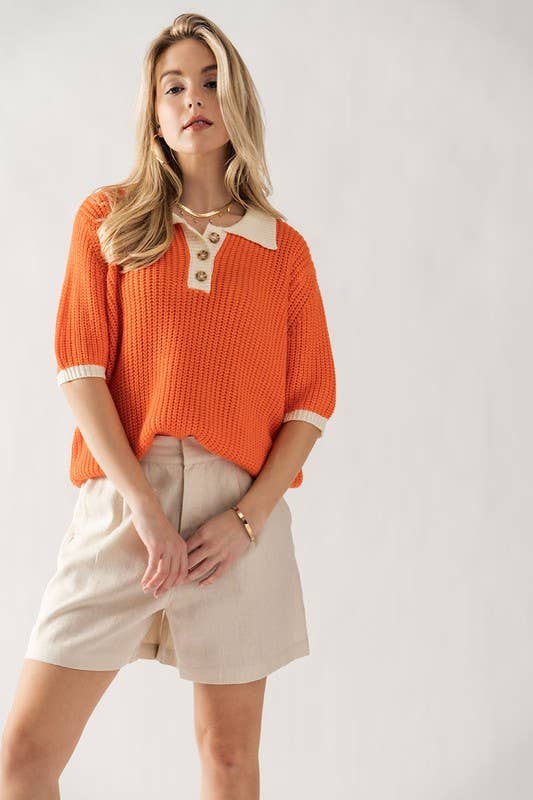 Two Tone Orange Contrast Short Sleeve Sweater