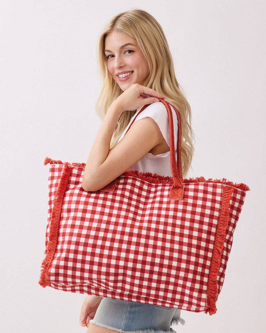 Gingham Terry Cloth Fringe Beach Tote Bag