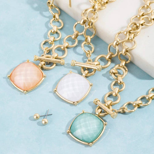 Square Stone Pendant Toggle Chain Necklace