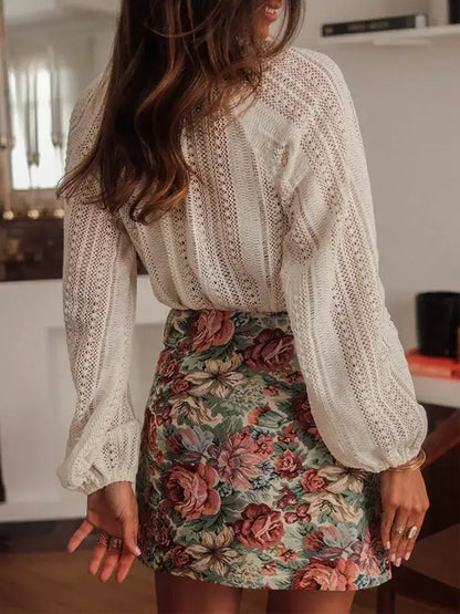 Open Knit Lace V Neck Button Front Blouse