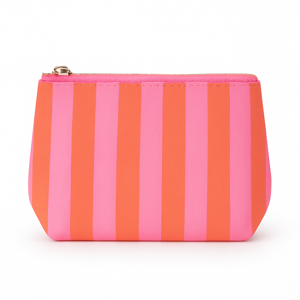 Preppy Pink & Orange Stripe Cosmetic Bag