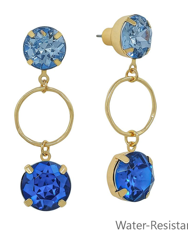 Water Resistant Blue Crystal with Gold Open Circle 2" Earring
