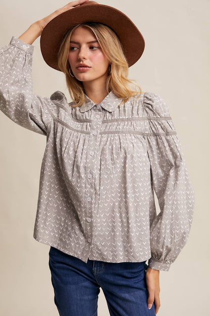 Lavender Grey Pintuck Puff Sleeve Blouse