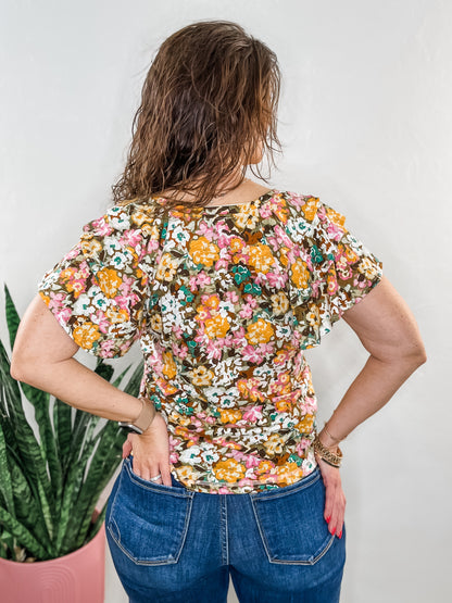 Floral Ruffle Sleeve Knit Top