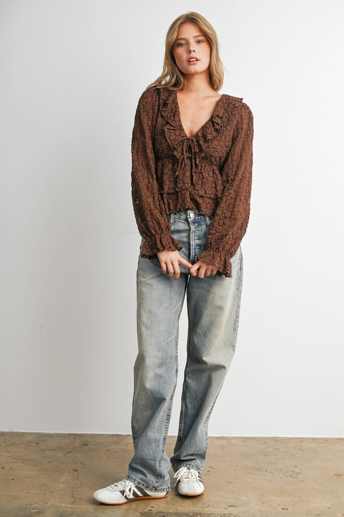 Brown Lace Ruffle Long Sleeve Blouse