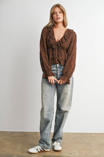 Brown Lace Ruffle Long Sleeve Blouse