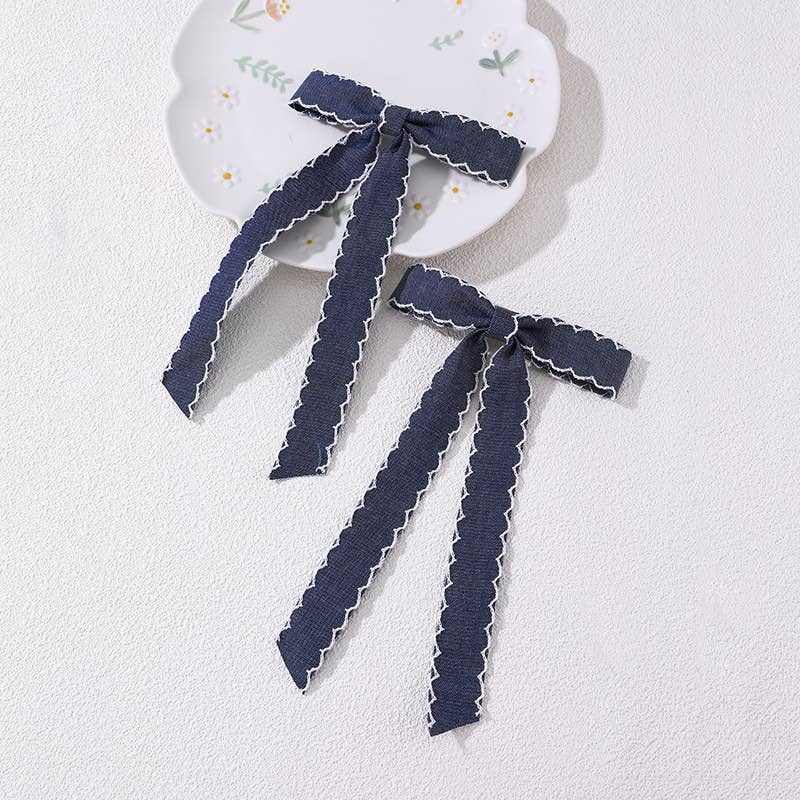Contrast trim Vintage Denim Ribbon Bow Hair clips- 2PC