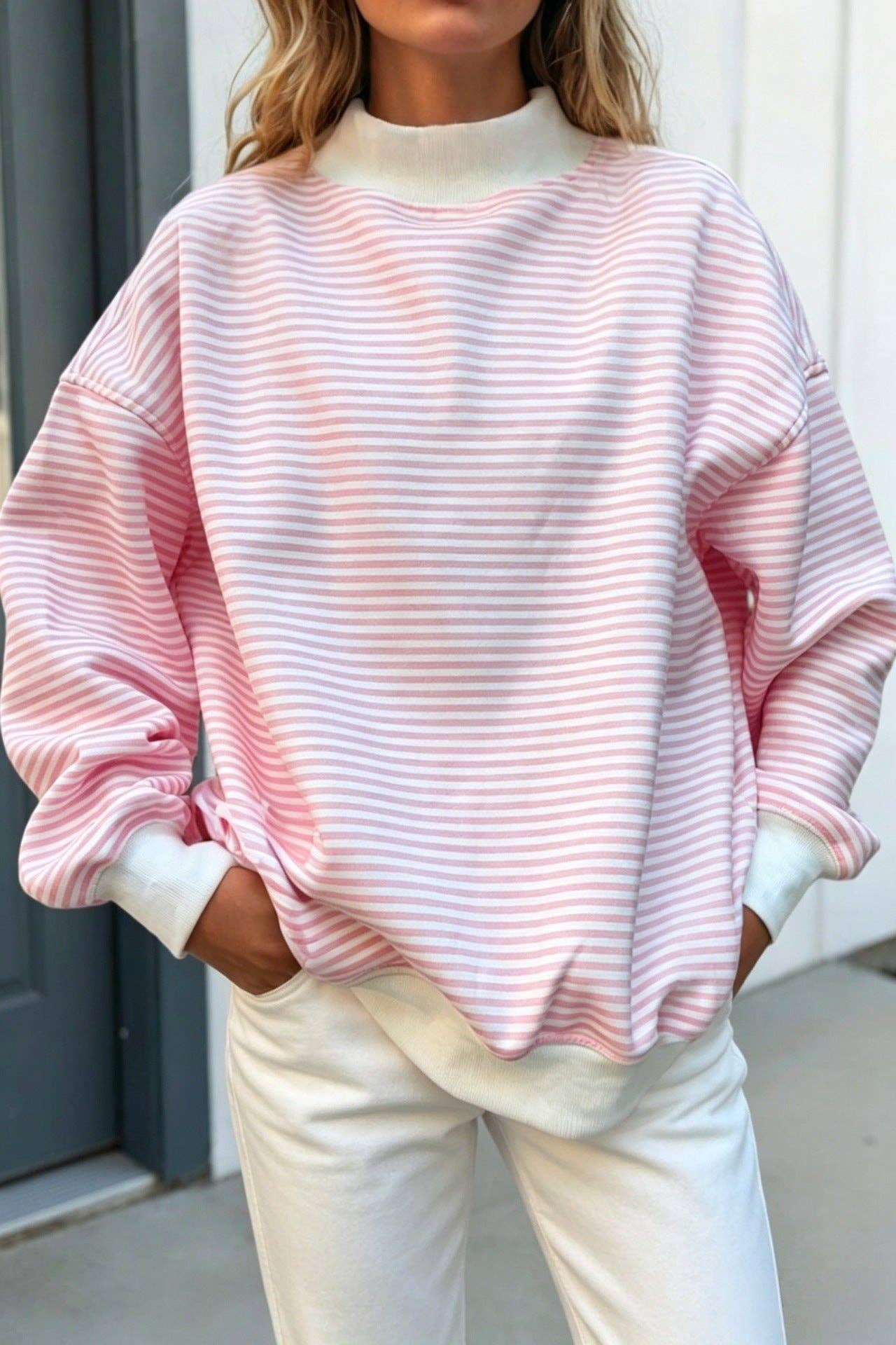 Striped Cotton Sweatshirt Oversized Long Sleeve Top