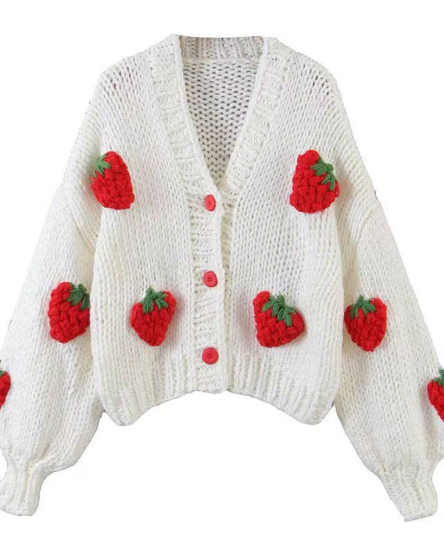 Oversized V-Neck Strawberry Cardigan