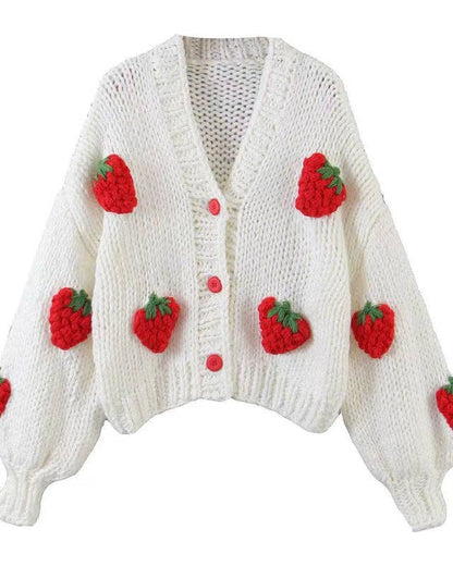 Oversized V-Neck Strawberry Cardigan