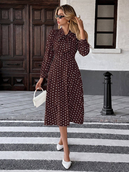 Polka Dot Bow Tie Neck Dress Long Sleeve Vintage Midi