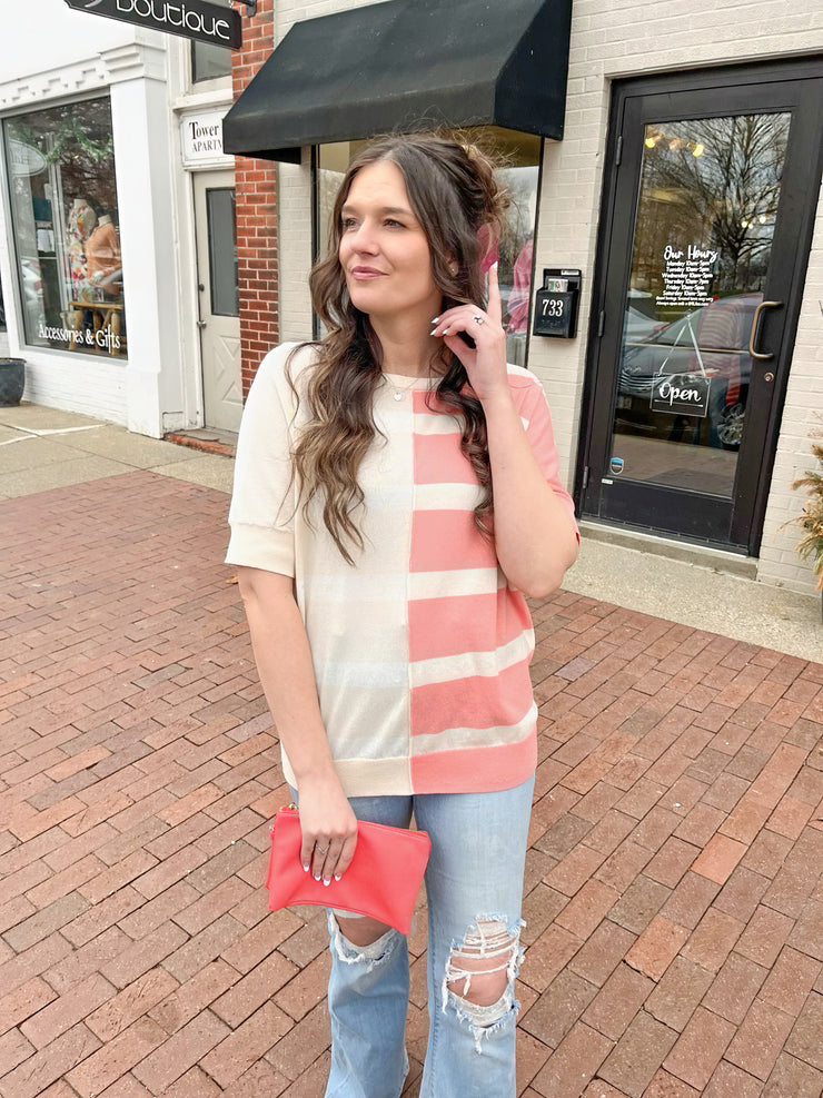 Coral Half Stripe Sweater