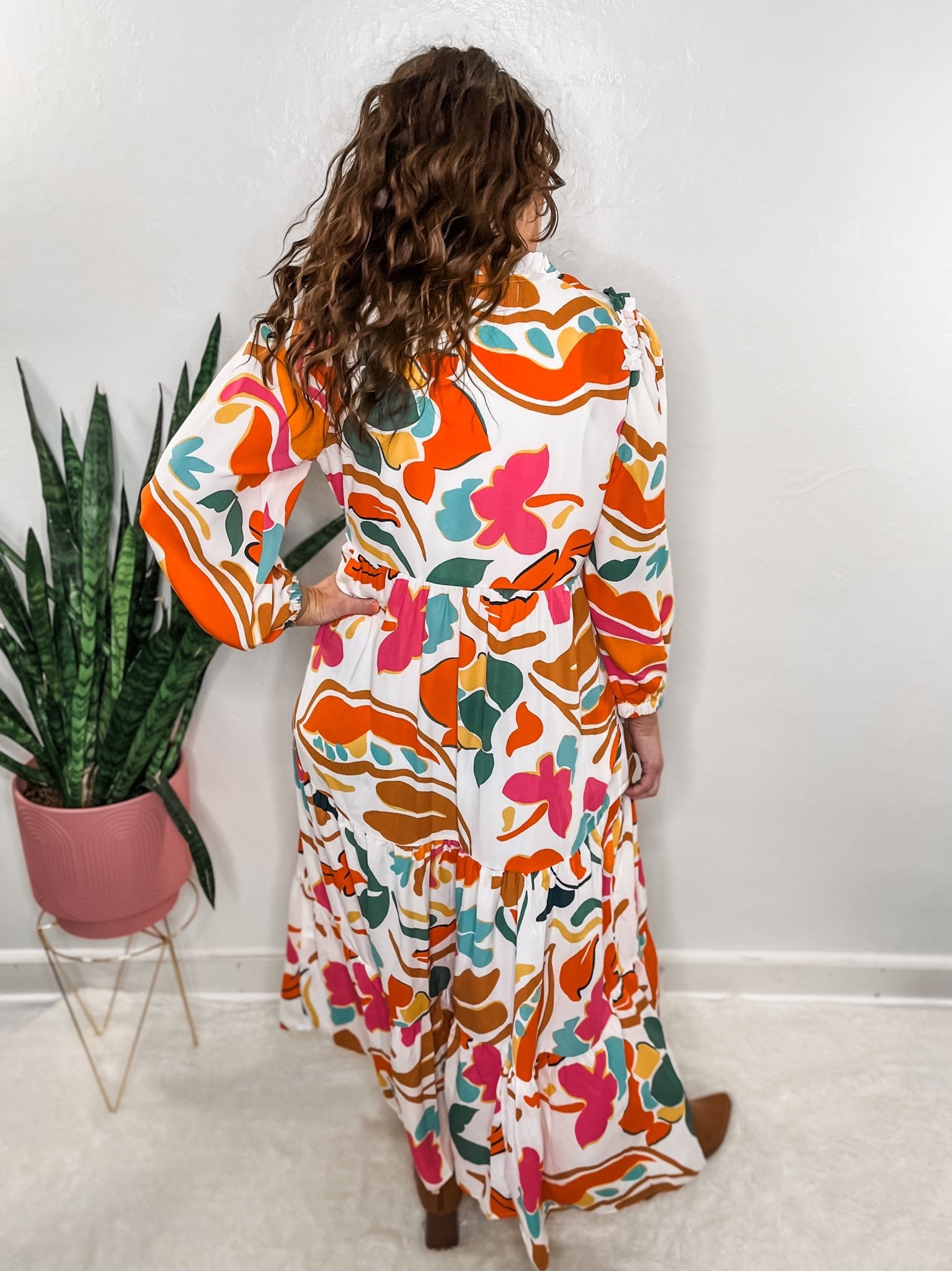 Orange Abstract Tiered Maxi Dress