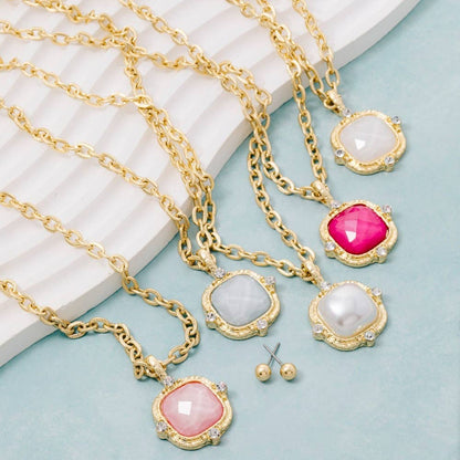 Square Faceted Stone Pendant Chain Necklace Set