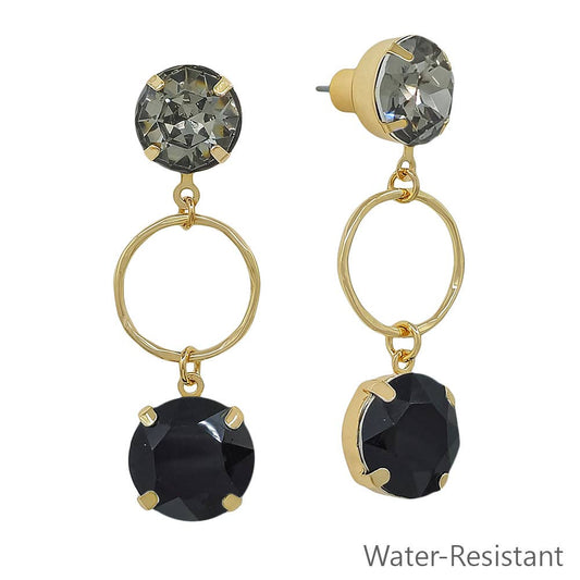 Water Resistant Black Crystal with Gold Open Circle 2" Earring