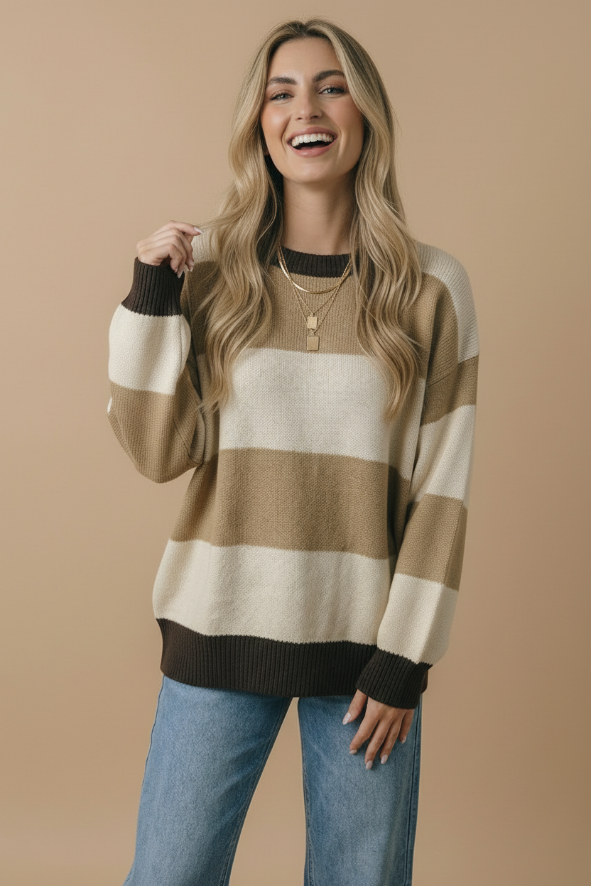Round Neck Striped Color Block Sweater Top