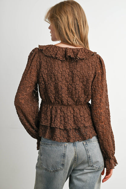 Brown Lace Ruffle Long Sleeve Blouse