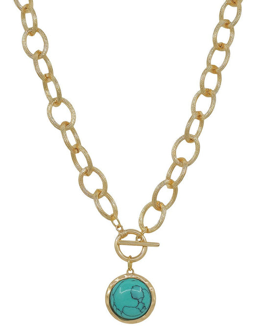 Gold Chain with Turquoise Circle Stone Charm Necklace