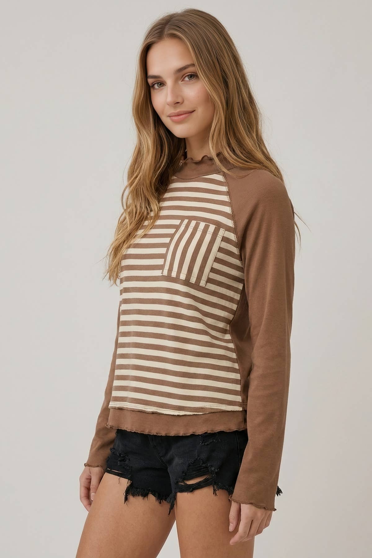 Striped Contrast Pocket Mock Neck
