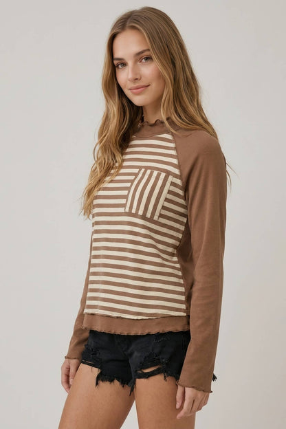 Striped Contrast Pocket Mock Neck