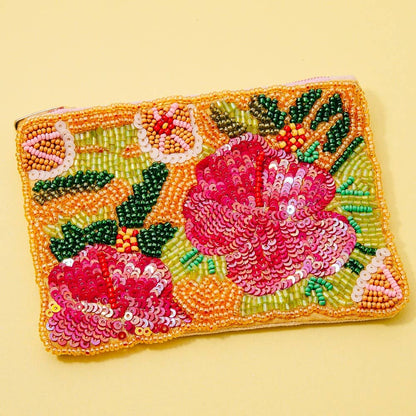 Floral Sequin And Seed Beaded Coin Purse
