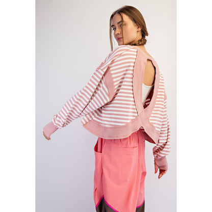 Striped Terry Open Back Long Sleeve