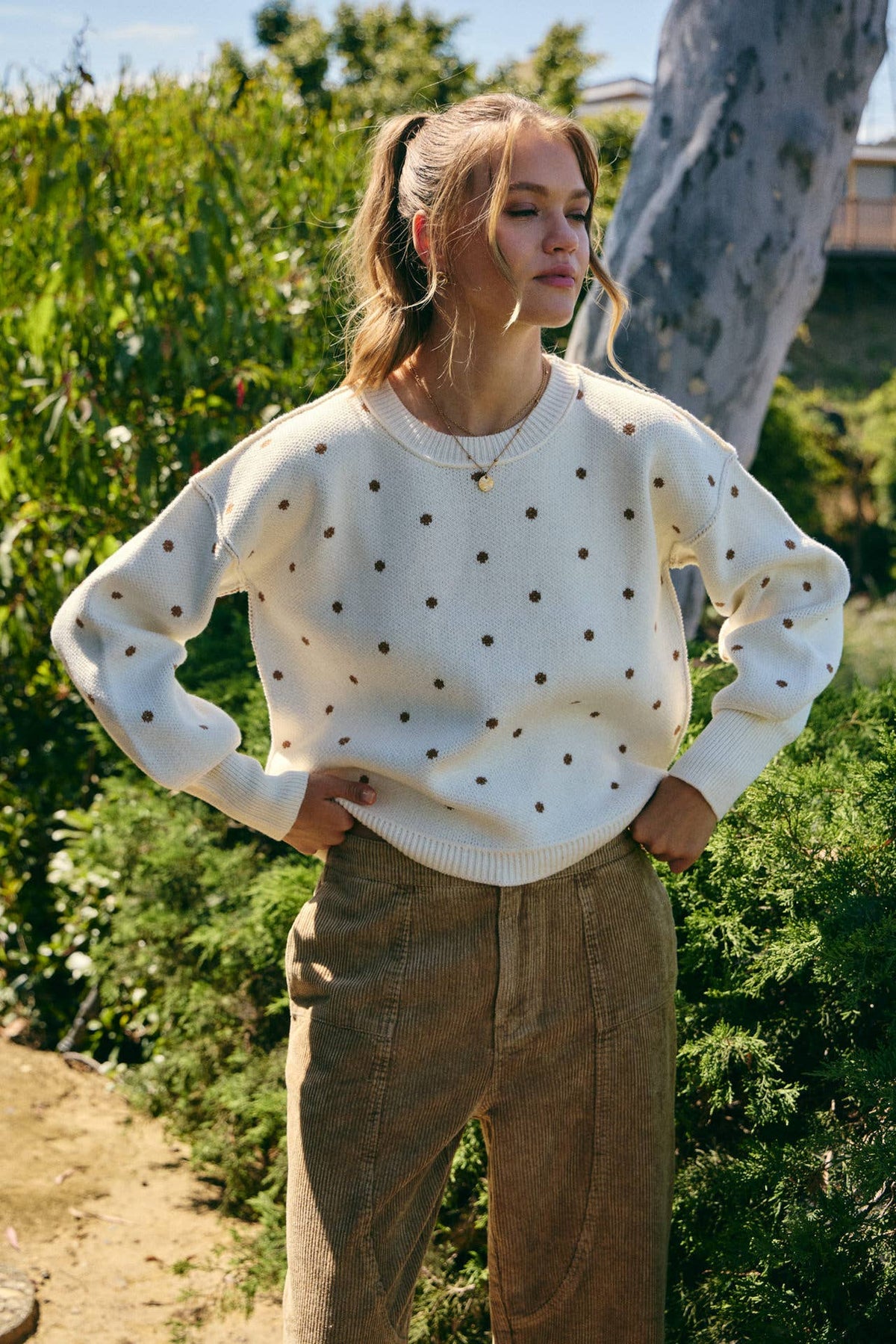 French Casual Contrast Polka Dot Sweater