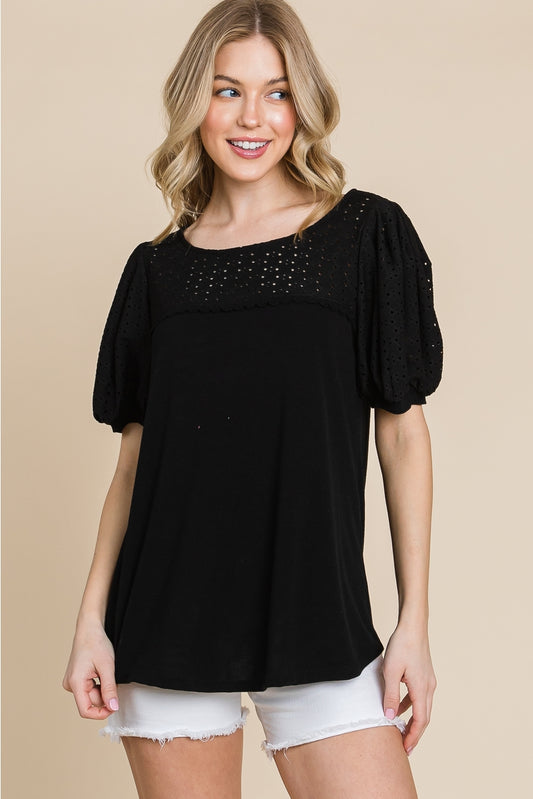 Black Eyelet Bubble Sleeve Top