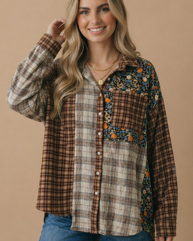 Plaid & Floral Color Block Button Down