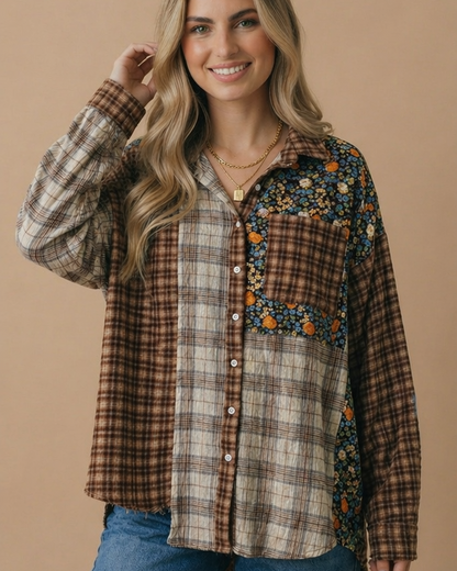 Plaid & Floral Color Block Button Down