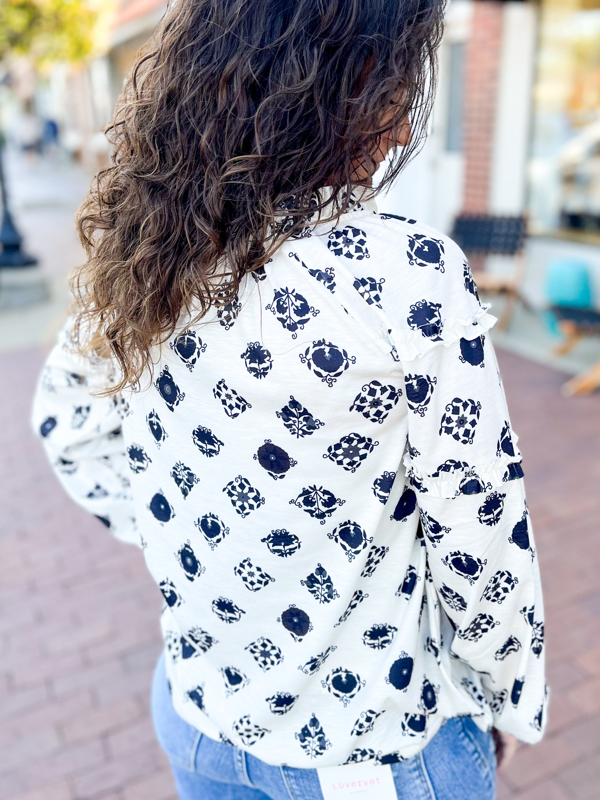 White Printed Bubble Sleeve Top