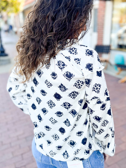 White Printed Bubble Sleeve Top