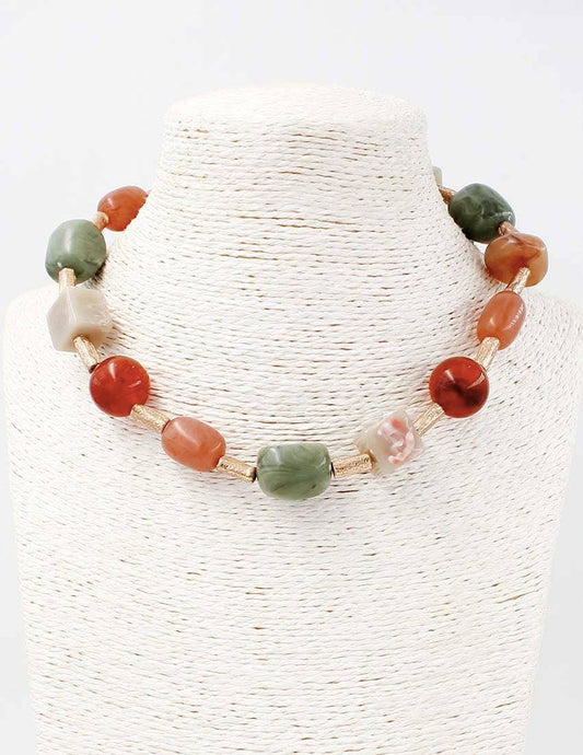 Gold Tube Beaded with Multi Color Green, Red, and Natural Stone Necklace