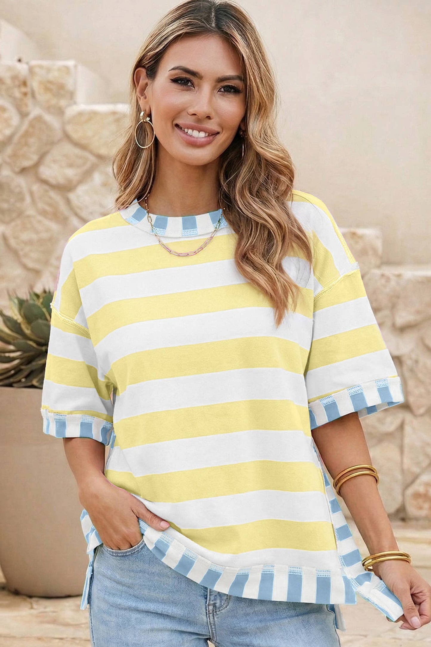 Preppy Striped Round Neck Blouse