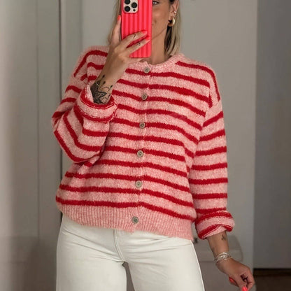 Striped Button Front Oversized Knit Cardigan