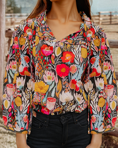 Floral 3/4 Puff Sleeve Tied Neck Blouse
