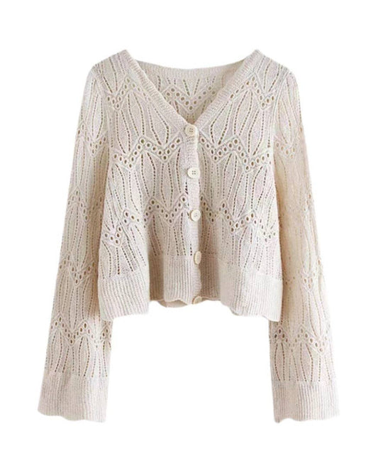 Crochet Hollow-Out Long Ivory Sleeve Knit Cardigan