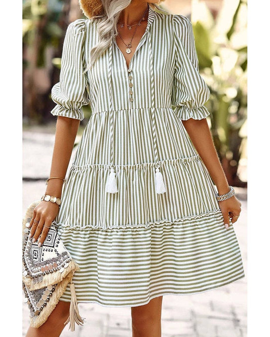 Striped V Neck Button Front Puff Sleeve Tiered Dress