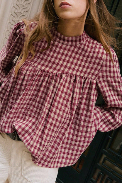 Country Plaid Pleated Blouse