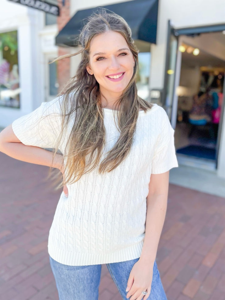 Ivory Cable Knit Short Sleeve Sweater