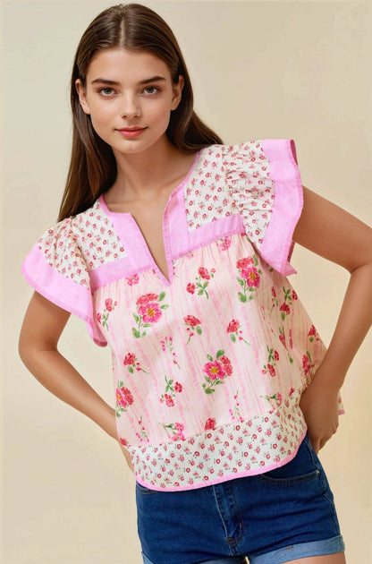 Mixed Floral Print Flutter Sleeve Top