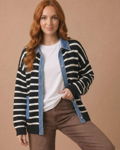 Denim Button Down Stripe Cardigan