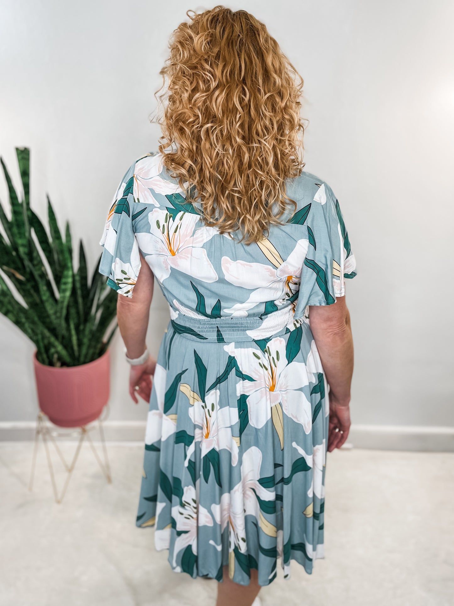 Sage Floral Flutter Sleeve Dress