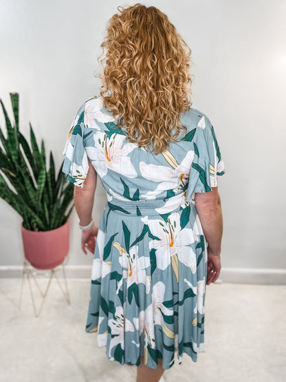 Sage Floral Flutter Sleeve Dress