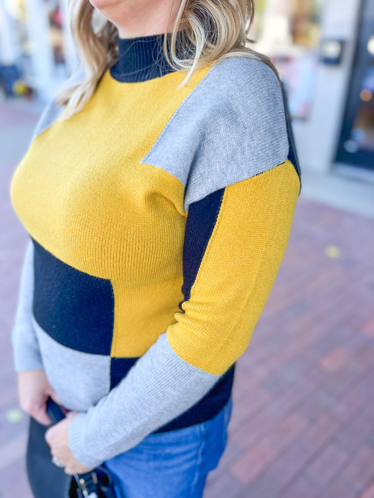 Mustard Color Block Mock Neck Sweater